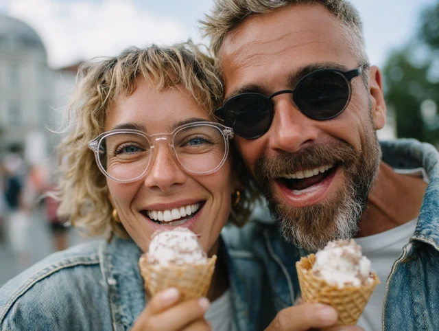 Couple Sharing Ice Cream Summer Day Joyful Moment