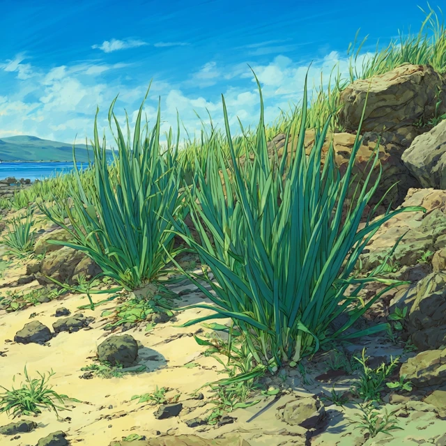 Anime Art Coastal Scene Leek Plants and Sea