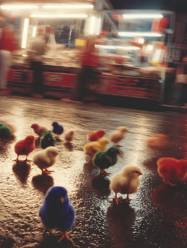 Vividly Colored Chicks Urban Scene