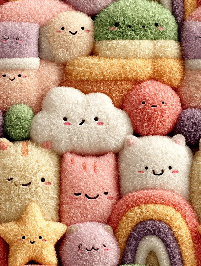 Kawaii Plush Fabric Pattern in Pastel Colors
