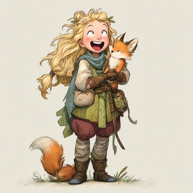 Half Elf Druid Girl and Fox Pet Art