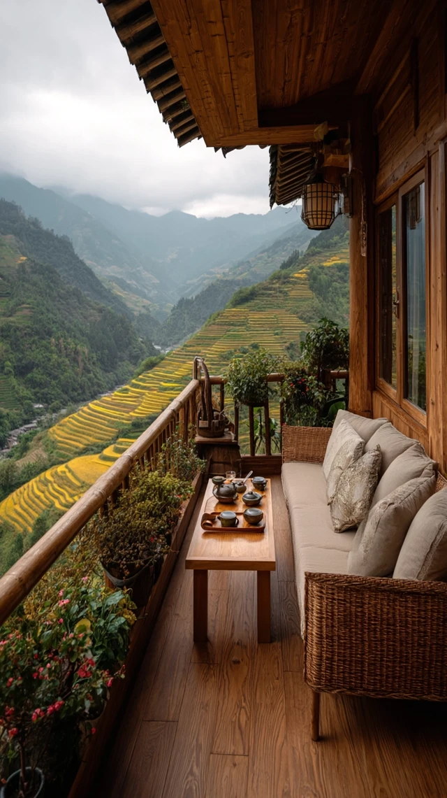 Mountain Balcony Serenity Terraced Fields Tea Time