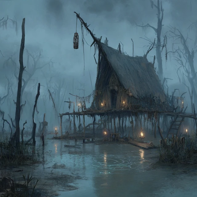 Swamp Witch Hut Dark Fantasy Art