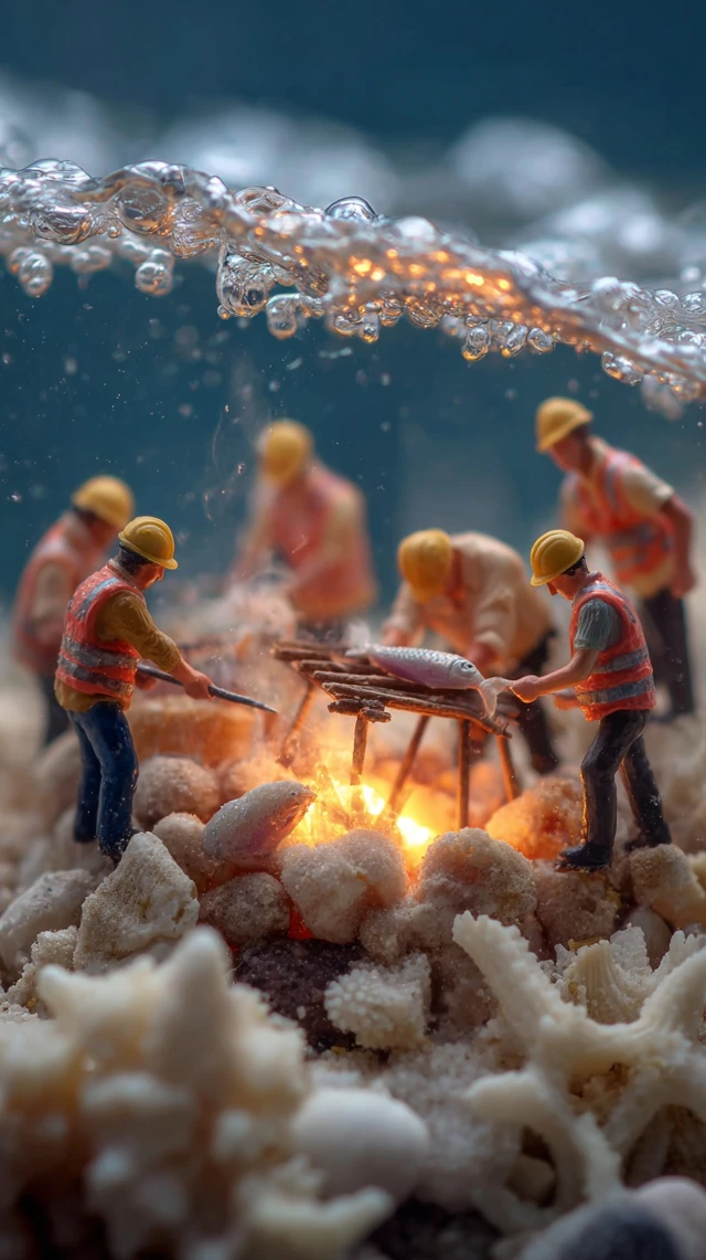 Miniature Construction Workers Grilling Fish Underwater