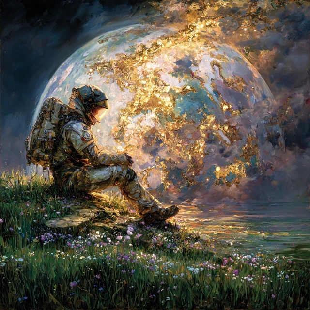 Astronaut Contemplating Earth Painting