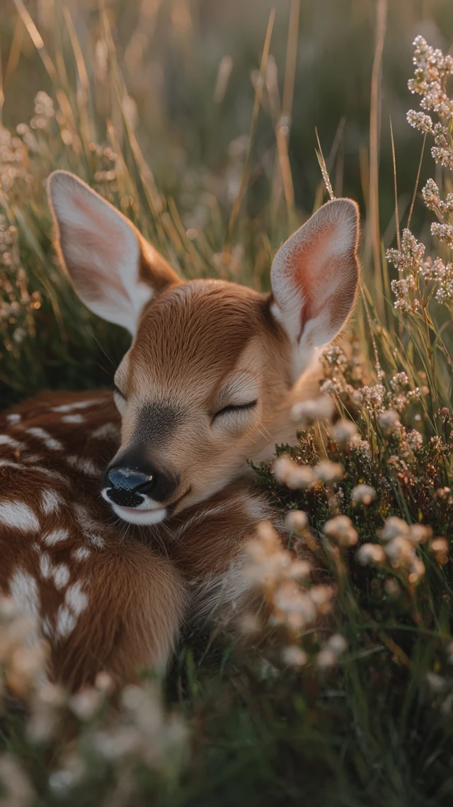 Sleeping Baby Deer in a Lush Meadow Serene Nature Photo