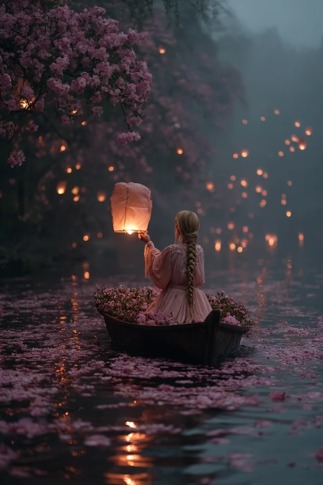 Lantern Launch on a Misty River: Fairy Tale Scene