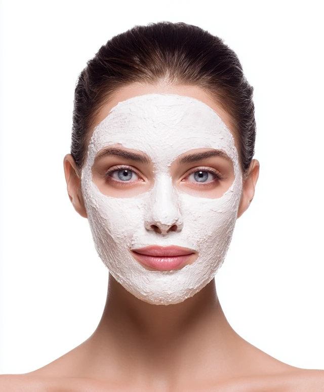 Female face with facial mask on white background