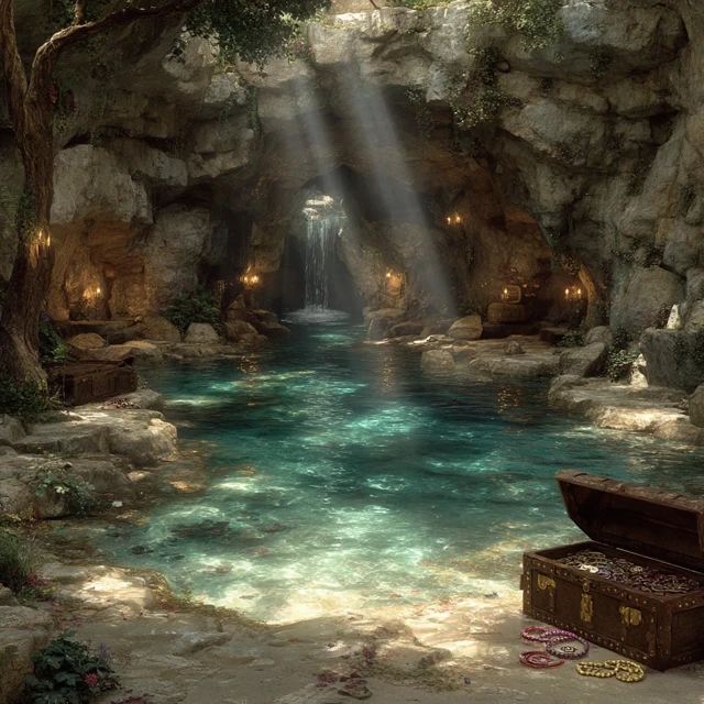 Magical Water Cave with Treasure and Waterfalls