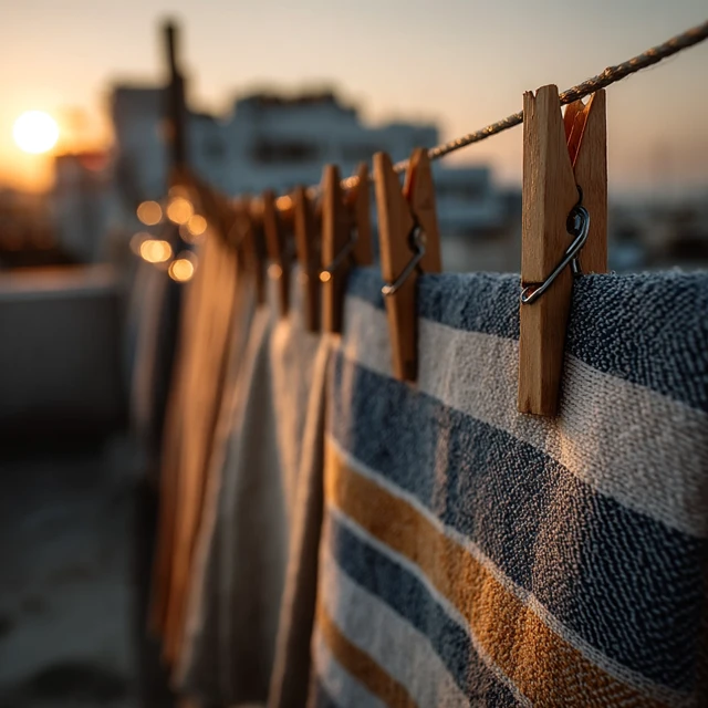 Morning Laundry: Towels Drying on Balcony Clothesline