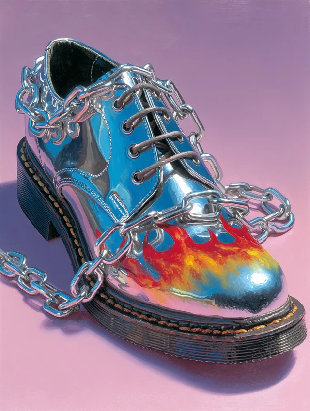 Chrome Chained Boot with Flames 80s Airbrush Art