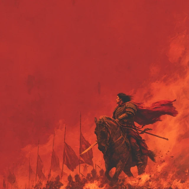 Epic Chinese Hero on Horseback Red Flames