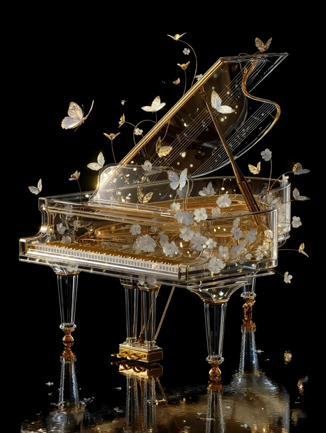 Glass Piano with Golden Flowers and Butterflies