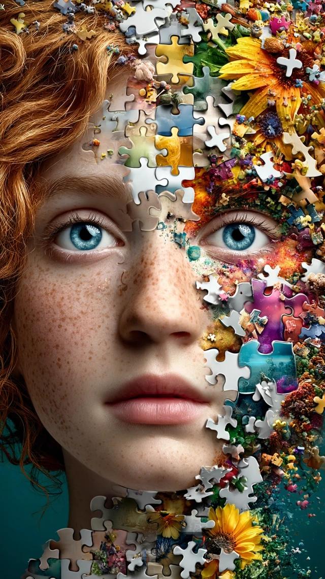 Woman Face Divided Puzzle Art in Vibrant Styles