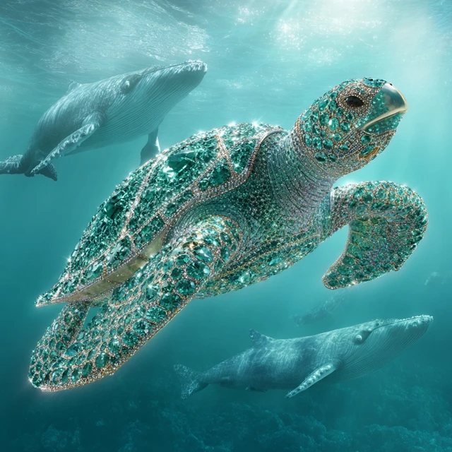 Emerald Turtle Swimming with Whales Realistic Dreamy
