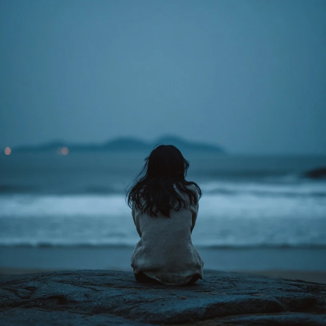 Vietnamese Woman Alone at Sea Emotional Scene
