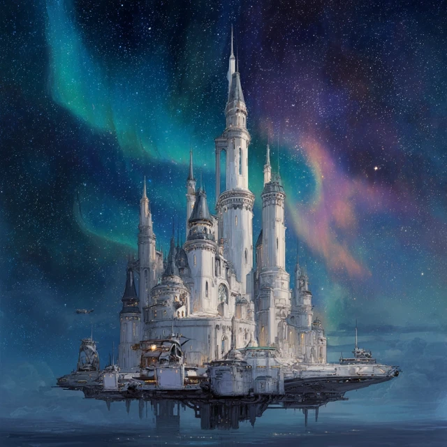 Floating Space Castle with Aurora Sky