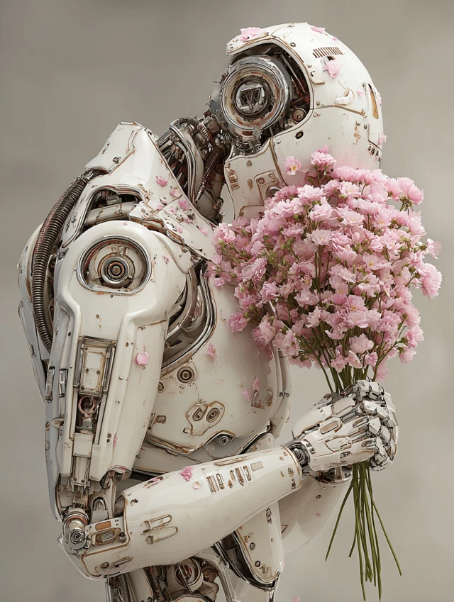 Robot with Flowers A Beautiful Futuristic Image