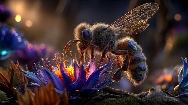 Magical Bee on Exotic Flower Dawn Hyperrealistic 4K