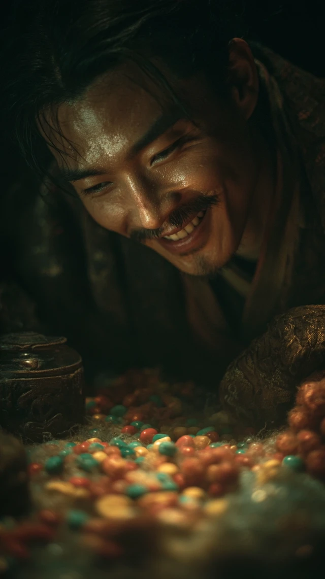 Ancient Chinese Man with Pills Smiling Late Night