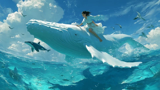 Woman on Whale Soaring Above Sea Fantasy Art