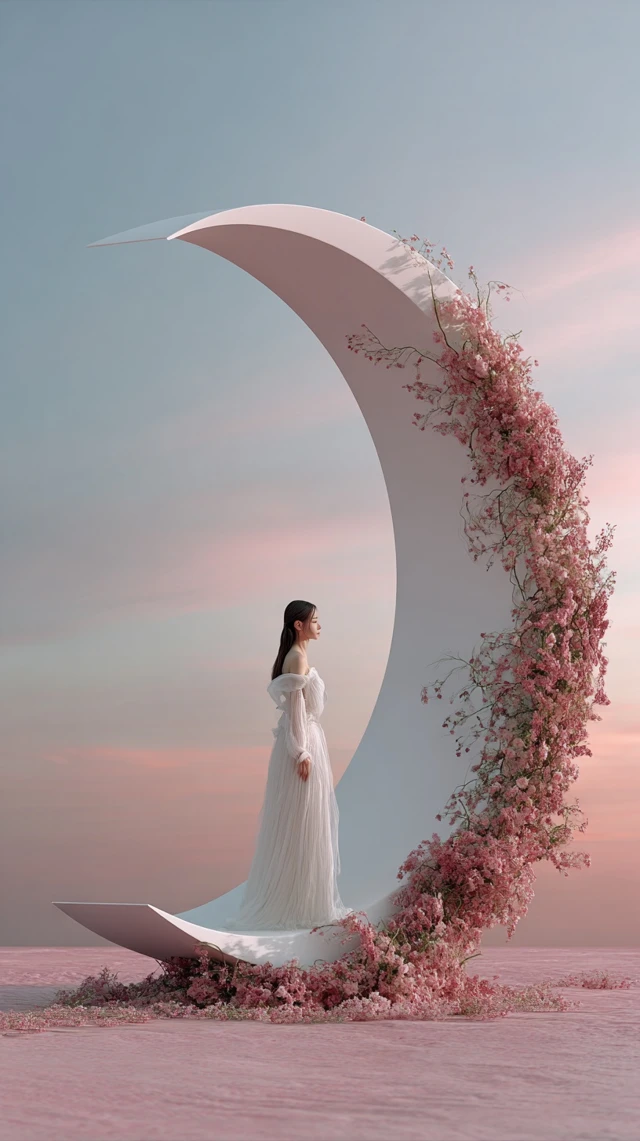 Dreamy Woman and Moon Floral Installation