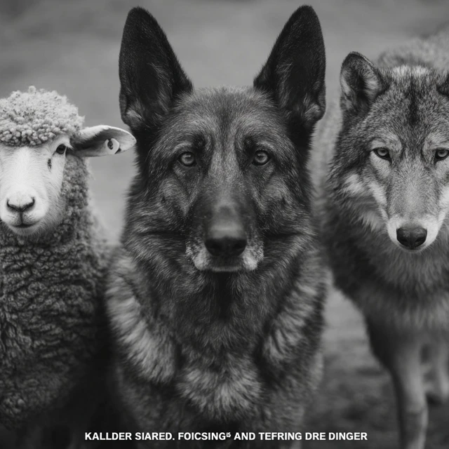 K9 Police Dog Guarding Sheep and Facing Wolves