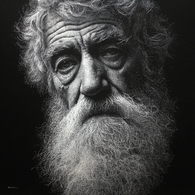 Pointillist Portrait of an Old Man Black and White