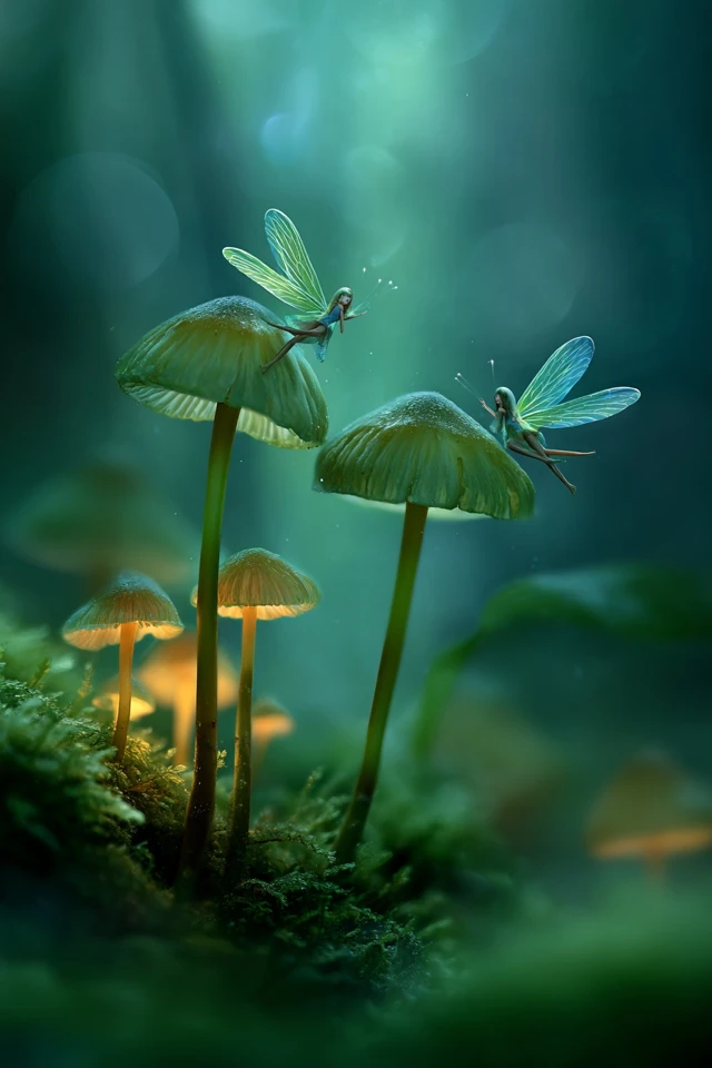 Dreamy Forest Scene Fairies and Mushrooms