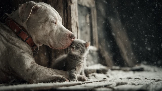 Heartwarming Bond Pitbull and Kitten in Snow