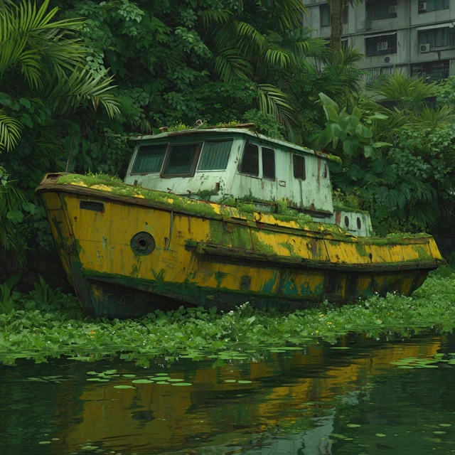 Abandoned Boat in Lush Jungle Cinematic Artwork