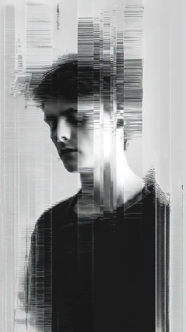 Mans Portrait with Glitch Effect - Black and White Minimalism