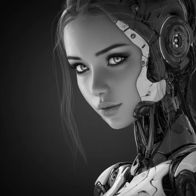 Friendly Female Robot Portrait in Black and White
