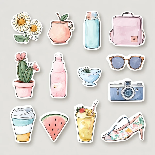 Cute Watercolor Summer Accessories Sticker Set