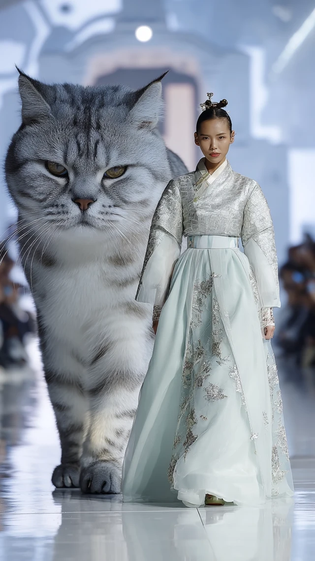 Korean Model in Modern Hanbok and a Cat