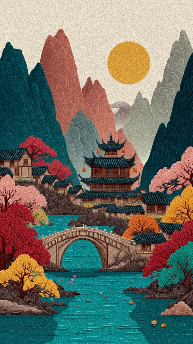 Chinese Landscape Art: Bridge, Mountains, and Houses