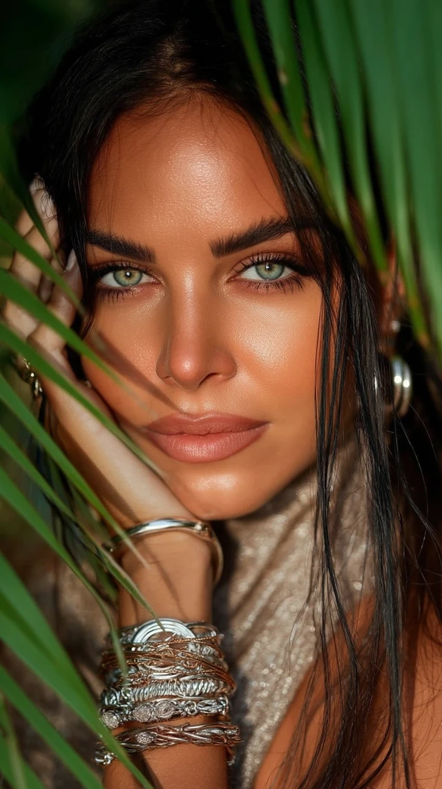 Beautiful Woman Portrait with Green Eyes and Palm Leaves