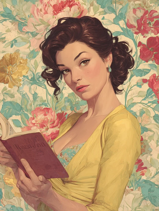 Vintage Woman Reading Book Floral Background