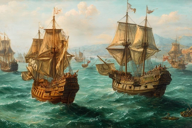 Renaissance Ships at Sea: A Painting of Merchantmen Fighting Pirates