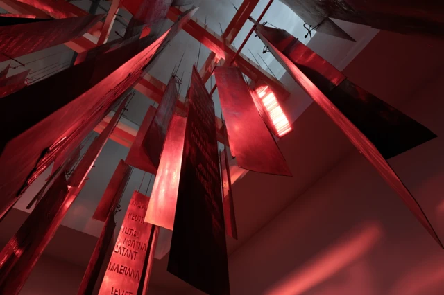 Deconstructed Red Flag Sculpture Industrial Art