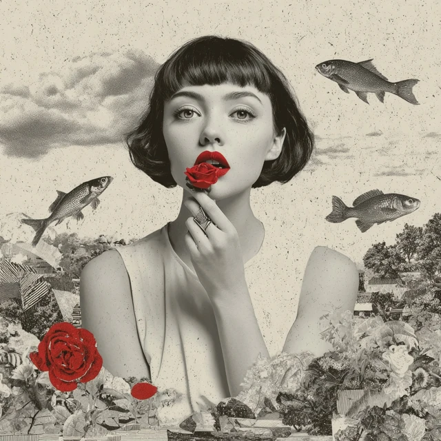 Woman with Red Rose and Fish Surreal Art