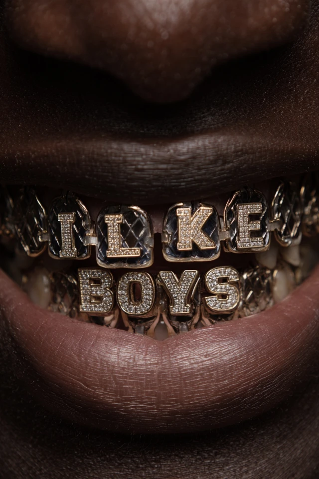 Diamond Grill I LIKE BOYS Gold Letters Closeup