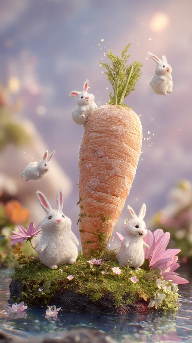 Giant Carrot with Bunnies in a Magical Pond