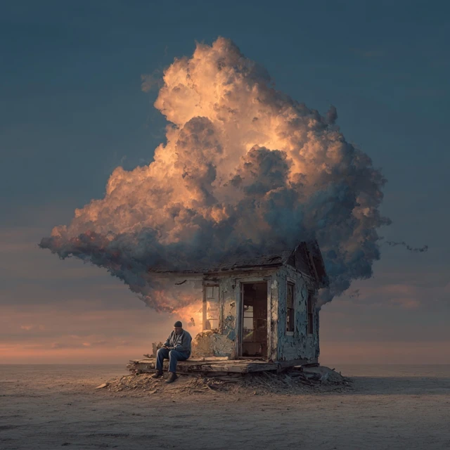 Old House and Man Floating in Sky Ultra Realistic