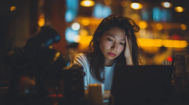 Japanese Blogger at Cafe Working on Laptop
