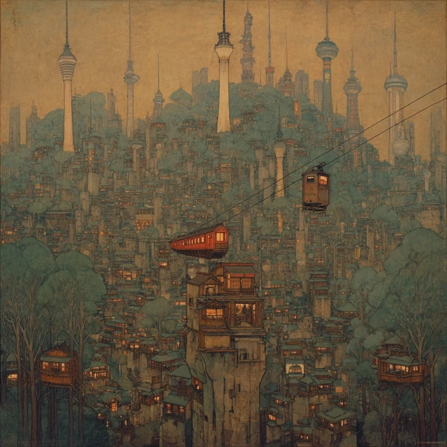 Tokyo Cityscape in the Style of John Bauer