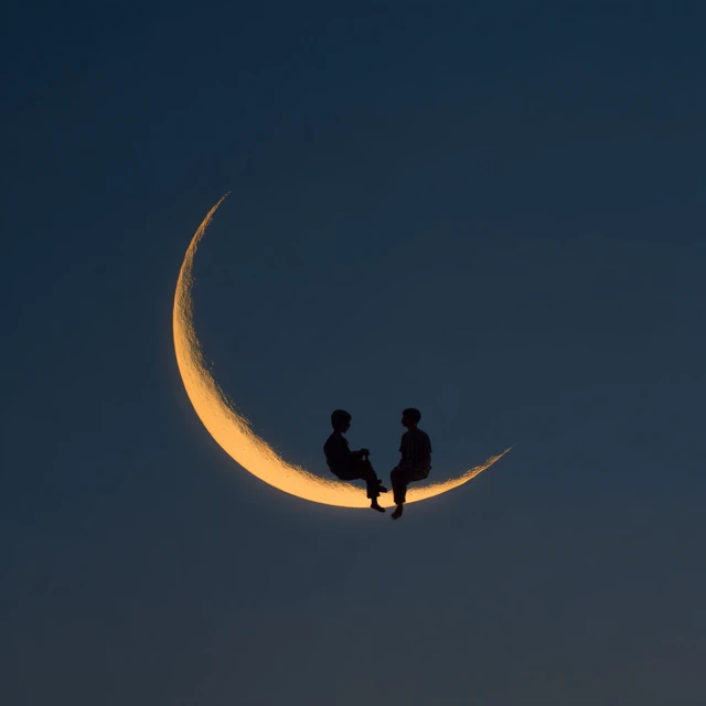 Boys on the Moon Dreamy Night Sky Scene
