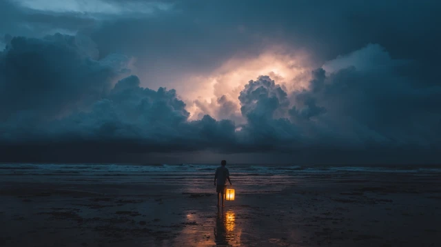 Person With Lantern In Storm Moody Landscape