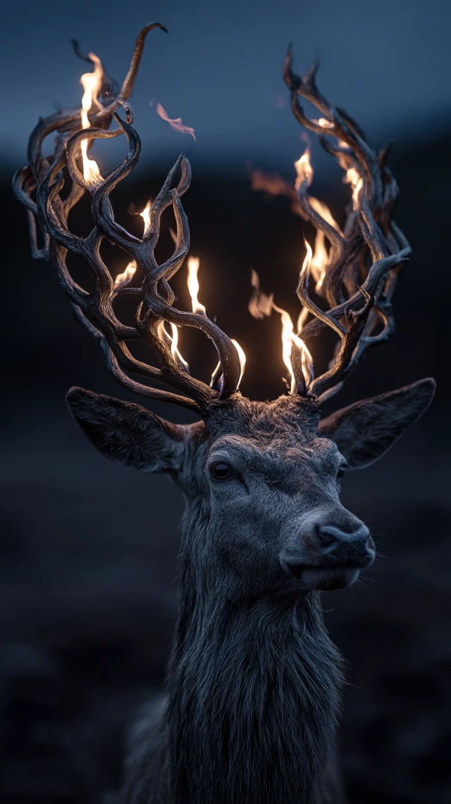 Stag with Fire Glowing Antlers Reaching the Sky