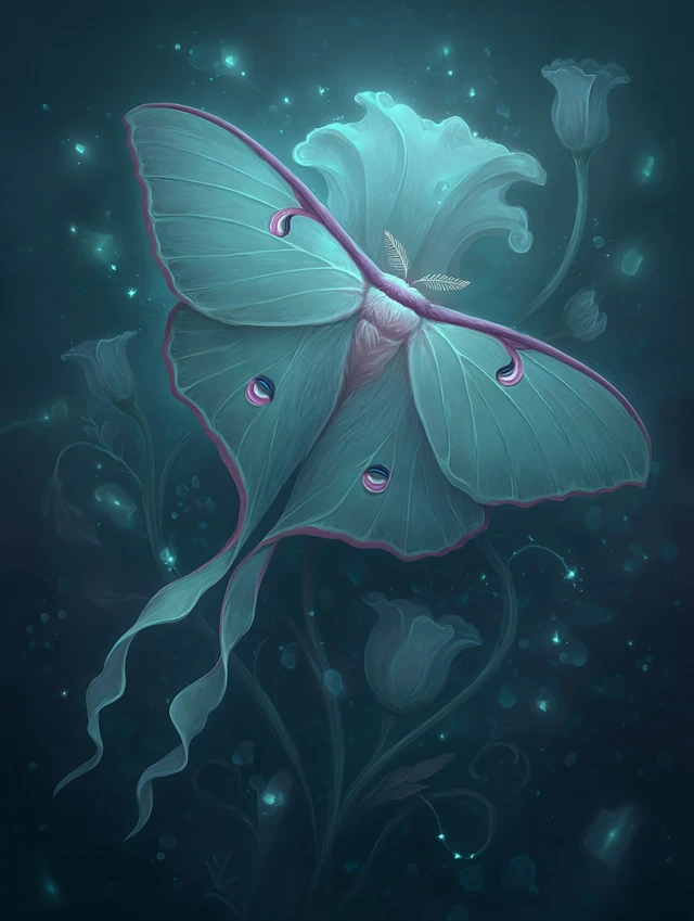 Luna Moth on Delicate Flower Vibrant Colors